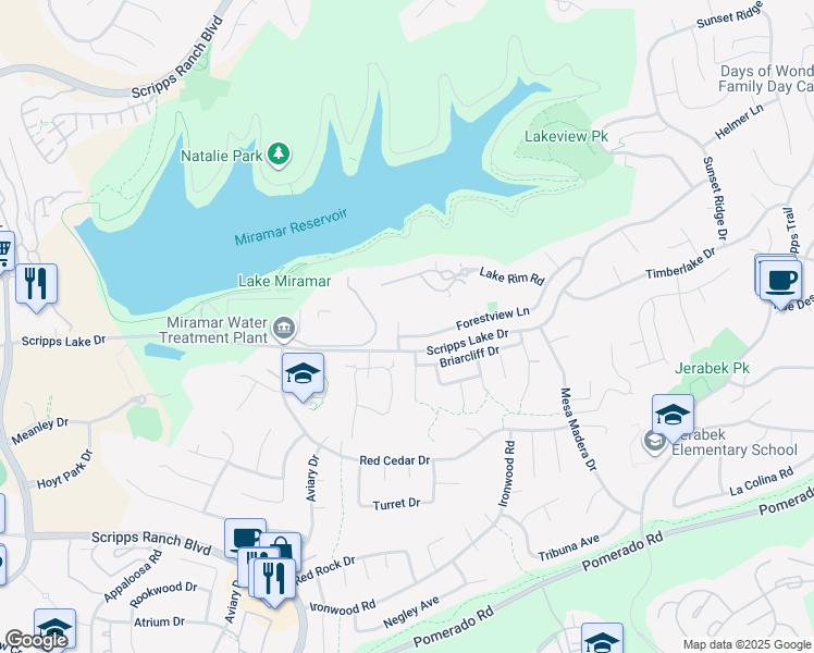 map of restaurants, bars, coffee shops, grocery stores, and more near 10535 Arbor Park Place in San Diego