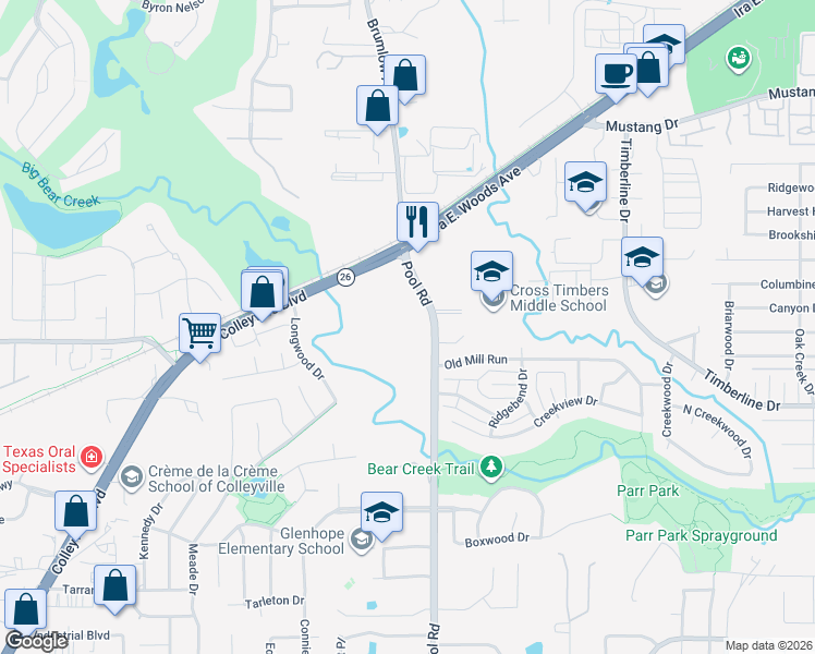 map of restaurants, bars, coffee shops, grocery stores, and more near 2300 Pool Road in Grapevine