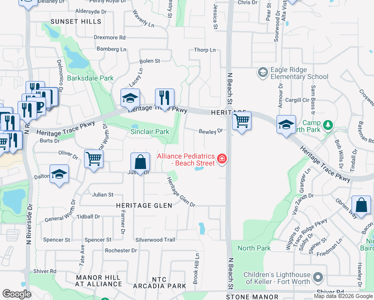map of restaurants, bars, coffee shops, grocery stores, and more near 9516 Sinclair Street in Fort Worth