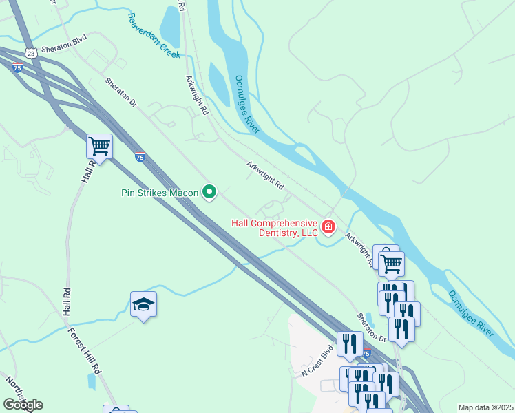 map of restaurants, bars, coffee shops, grocery stores, and more near 4150 Arkwright Road in Macon