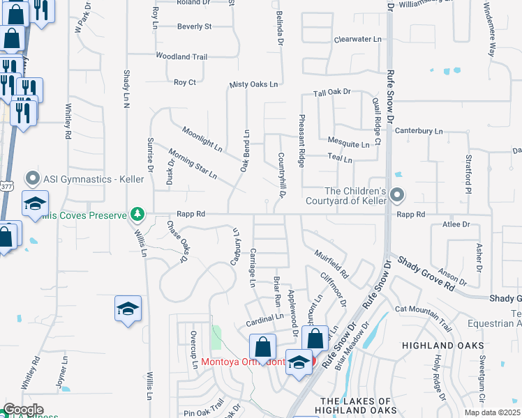 map of restaurants, bars, coffee shops, grocery stores, and more near 675 Rapp Road in Keller