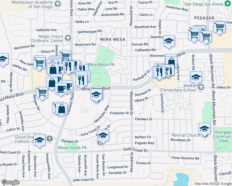 map of restaurants, bars, coffee shops, grocery stores, and more near 8620 Mira Mesa Boulevard in San Diego
