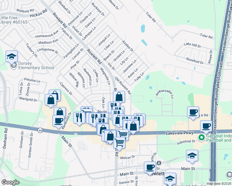 map of restaurants, bars, coffee shops, grocery stores, and more near 5800 Rowlett Road in Rowlett
