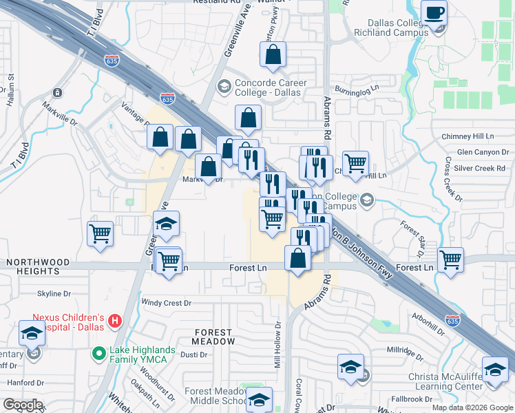 map of restaurants, bars, coffee shops, grocery stores, and more near 9330 Lyndon B Johnson Freeway in Dallas