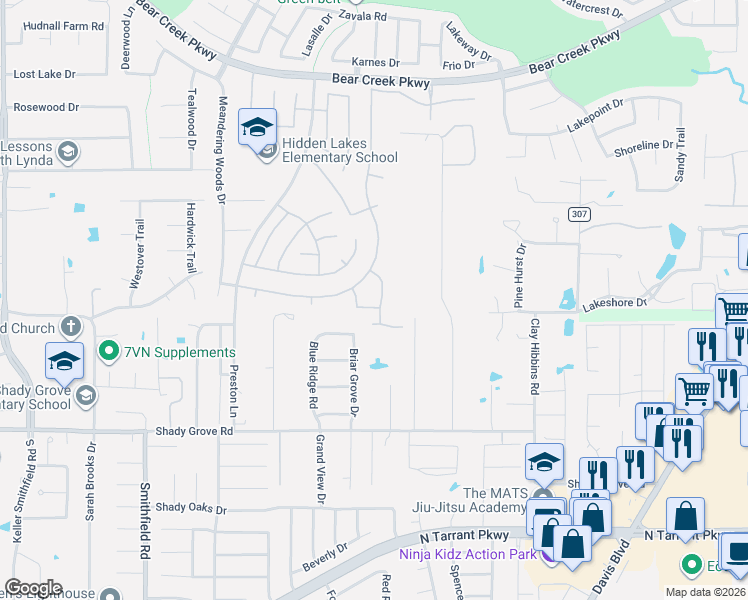 map of restaurants, bars, coffee shops, grocery stores, and more near 1200 Wellington Drive in Keller