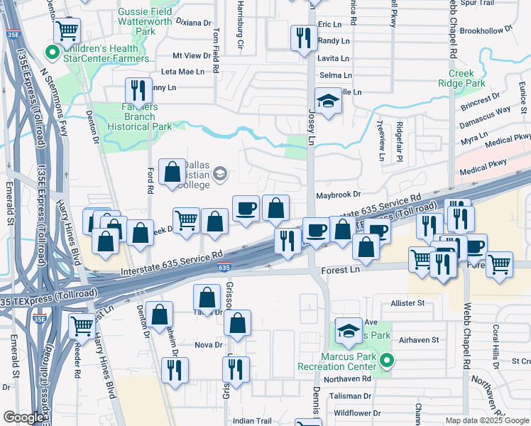 map of restaurants, bars, coffee shops, grocery stores, and more near 2835 Villa Creek Drive in Farmers Branch