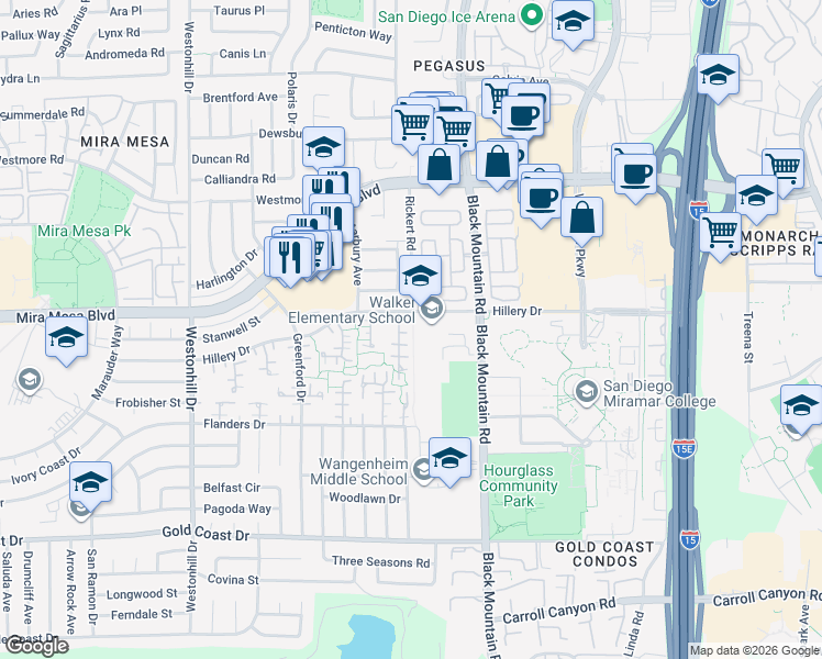map of restaurants, bars, coffee shops, grocery stores, and more near 9072 Hillery Drive in San Diego