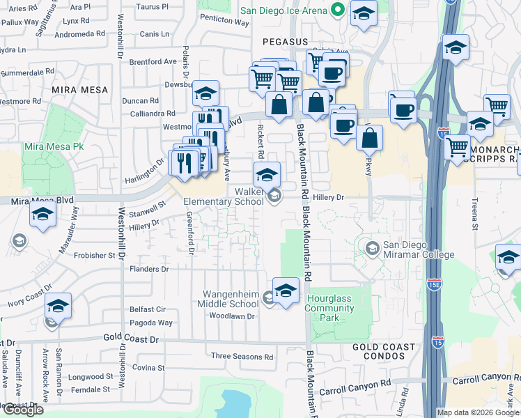 map of restaurants, bars, coffee shops, grocery stores, and more near 9072 Hillery Drive in San Diego