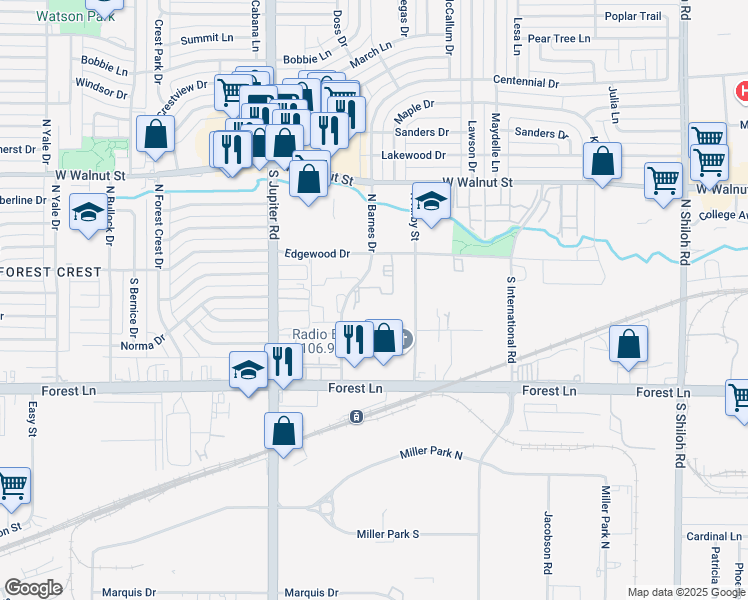 map of restaurants, bars, coffee shops, grocery stores, and more near 110 South Barnes Drive in Garland
