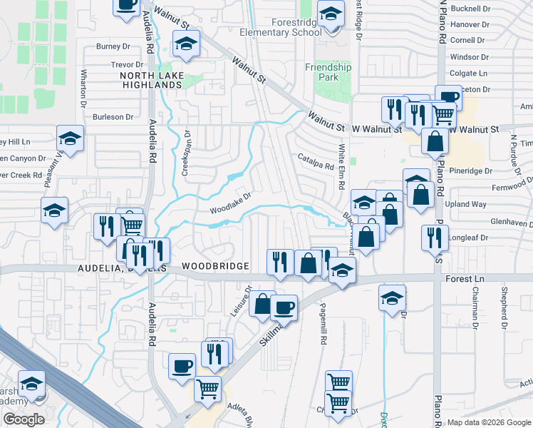 map of restaurants, bars, coffee shops, grocery stores, and more near 10231 Shadow Way in Dallas