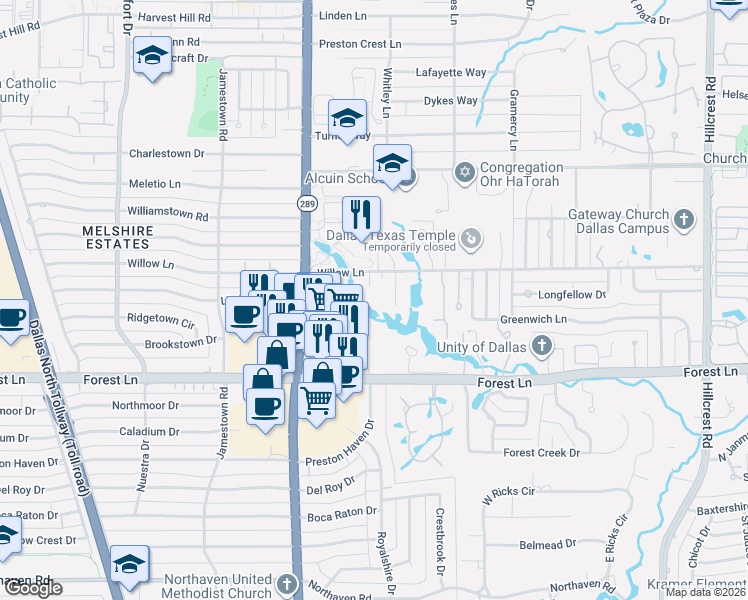 map of restaurants, bars, coffee shops, grocery stores, and more near 12015 Timberlake Court in Dallas