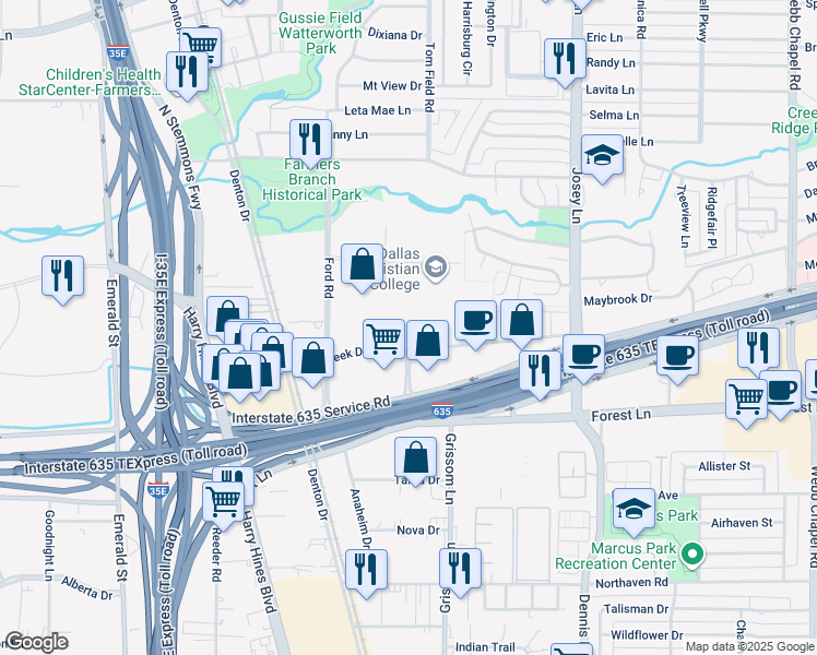 map of restaurants, bars, coffee shops, grocery stores, and more near 2655 Villa Creek Drive in Farmers Branch