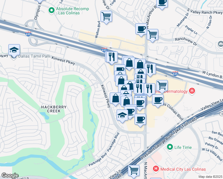 map of restaurants, bars, coffee shops, grocery stores, and more near 1102 Kinwest Pkwy in Irving