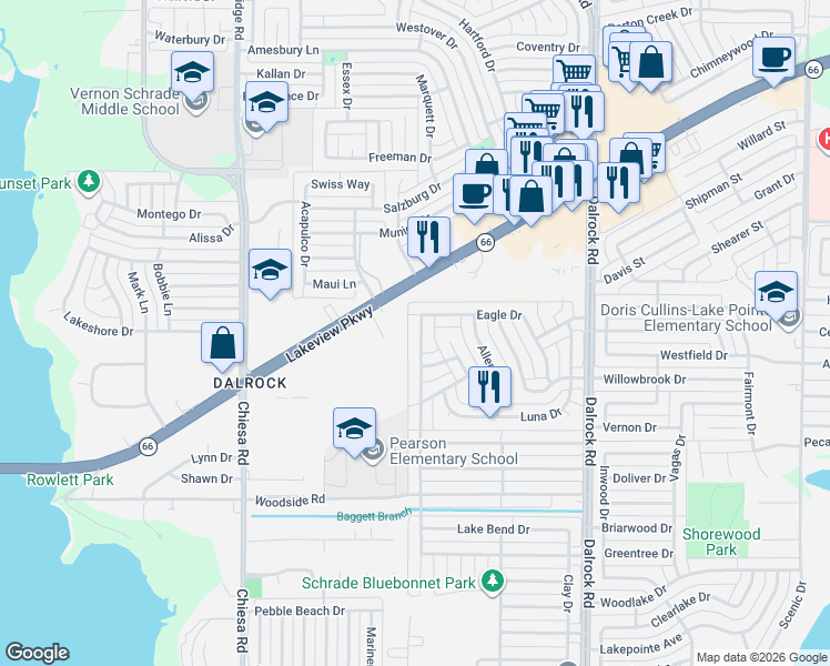 map of restaurants, bars, coffee shops, grocery stores, and more near 8001 Eagle Drive in Rowlett