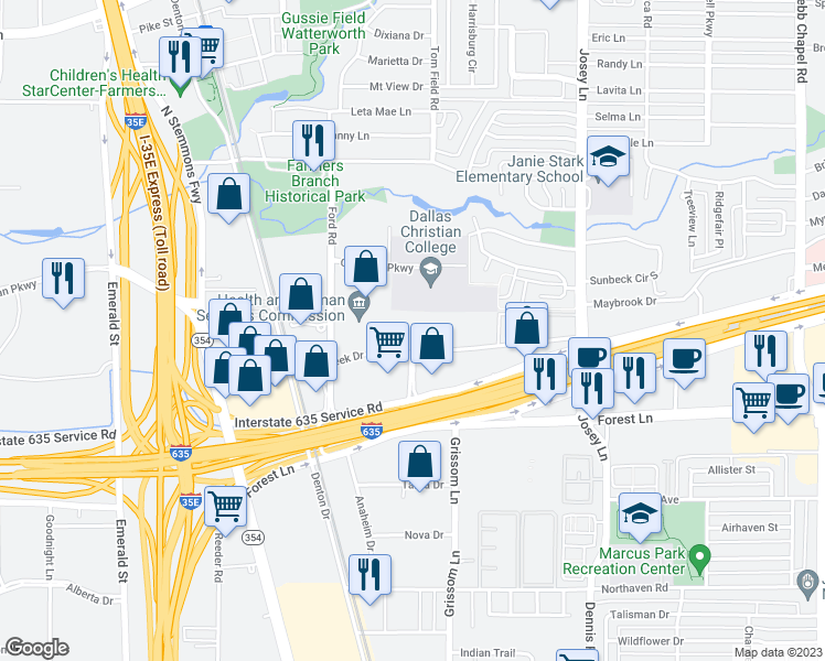 map of restaurants, bars, coffee shops, grocery stores, and more near 2655 Villa Creek Drive in Farmers Branch