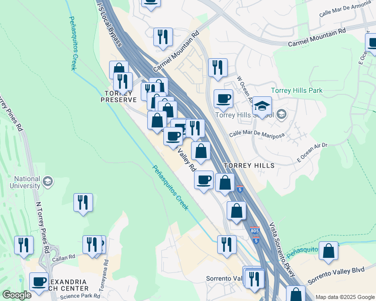 map of restaurants, bars, coffee shops, grocery stores, and more near 11575 Sorrento Valley Road in San Diego