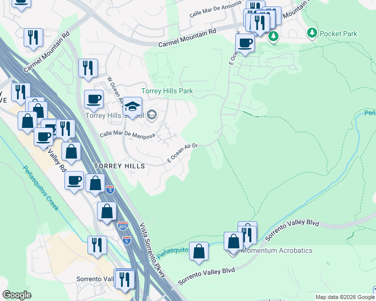 map of restaurants, bars, coffee shops, grocery stores, and more near 10586 Abalone Landing Terrace in San Diego