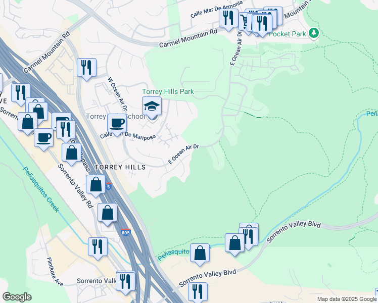 map of restaurants, bars, coffee shops, grocery stores, and more near 10586 Abalone Landing Terrace in San Diego