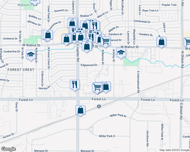 map of restaurants, bars, coffee shops, grocery stores, and more near 201 South Barnes Drive in Garland
