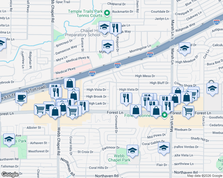 map of restaurants, bars, coffee shops, grocery stores, and more near 3416 High Bluff Drive in Dallas