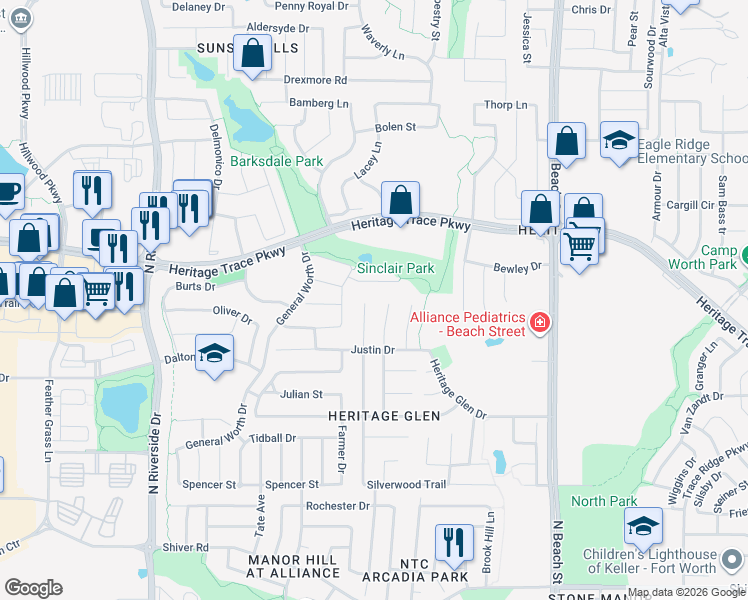 map of restaurants, bars, coffee shops, grocery stores, and more near 4116 Willingham Court in Fort Worth