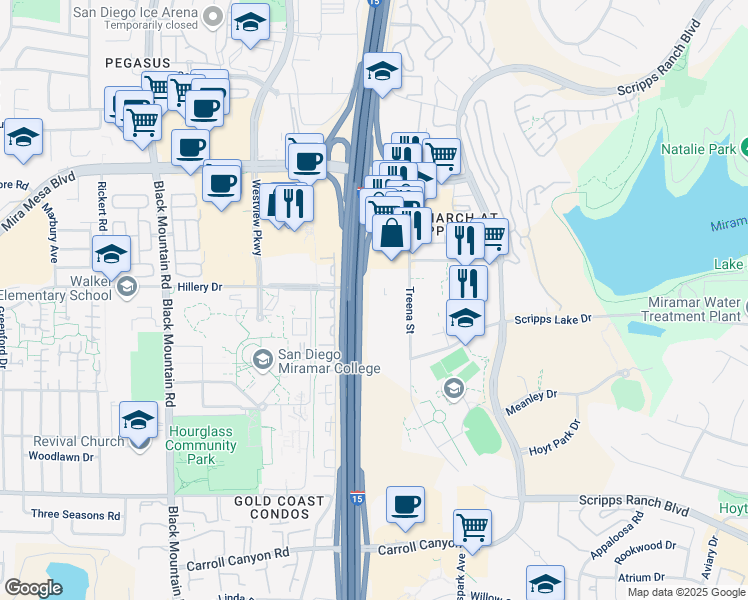 map of restaurants, bars, coffee shops, grocery stores, and more near 10680 Treena Street in San Diego