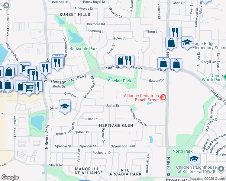 map of restaurants, bars, coffee shops, grocery stores, and more near 4116 Willingham Court in Fort Worth