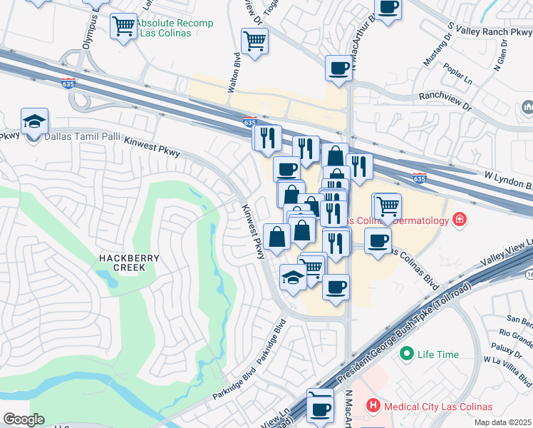 map of restaurants, bars, coffee shops, grocery stores, and more near 1102 Kinwest Parkway in Irving