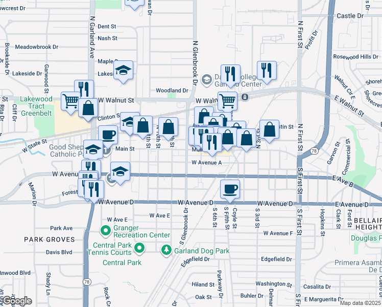 map of restaurants, bars, coffee shops, grocery stores, and more near 800 West State Street in Garland