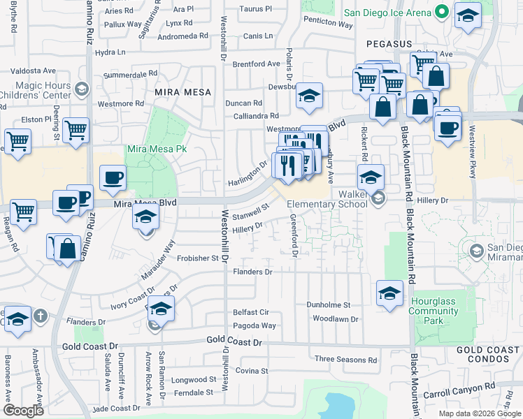 map of restaurants, bars, coffee shops, grocery stores, and more near 8845 Mira Mesa Boulevard in San Diego