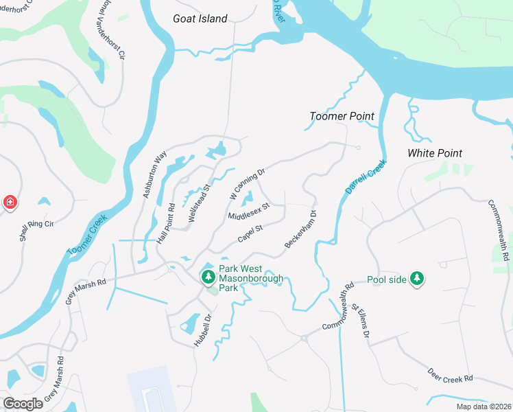 map of restaurants, bars, coffee shops, grocery stores, and more near 2116 Malcolm Road in Mount Pleasant