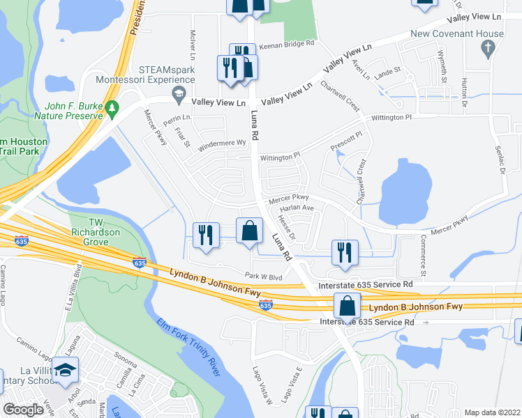 map of restaurants, bars, coffee shops, grocery stores, and more near 12719 Luna Road in Farmers Branch