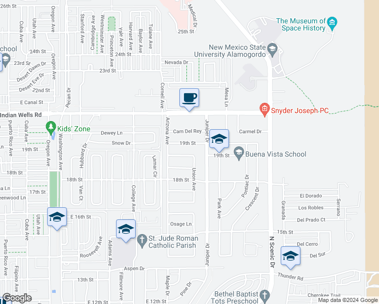 map of restaurants, bars, coffee shops, grocery stores, and more near 2358 Union Avenue in Alamogordo