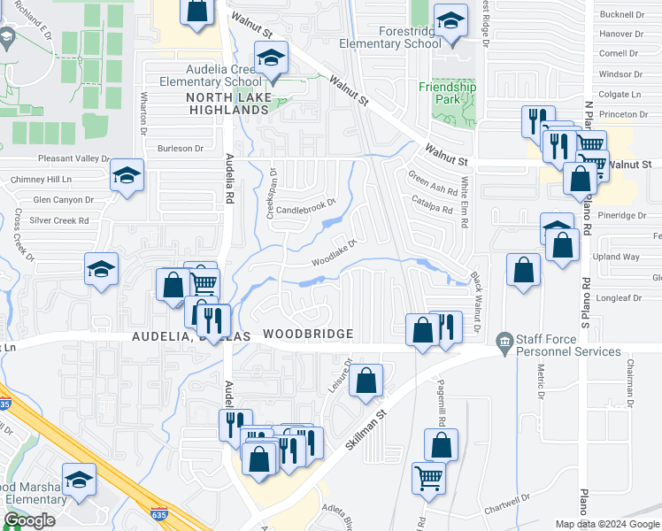 map of restaurants, bars, coffee shops, grocery stores, and more near 10031 Woodlake Drive in Dallas