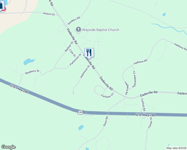 map of restaurants, bars, coffee shops, grocery stores, and more near 3024 Dadeville Road in Alexander City