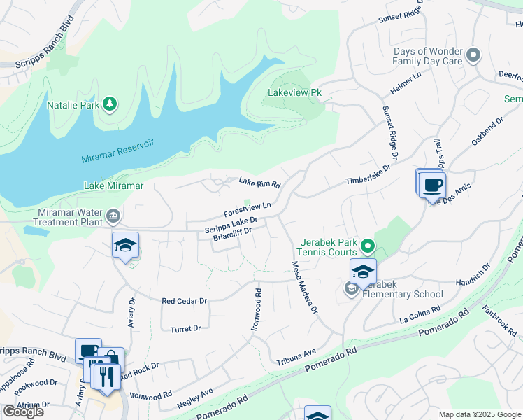 map of restaurants, bars, coffee shops, grocery stores, and more near 11255 Forestview Lane in San Diego
