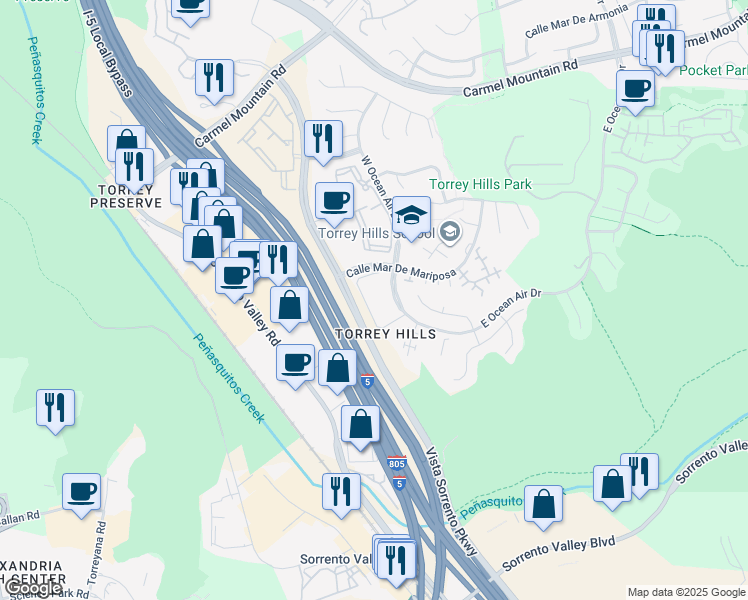 map of restaurants, bars, coffee shops, grocery stores, and more near 10635 Calle Mar De Mariposa in San Diego