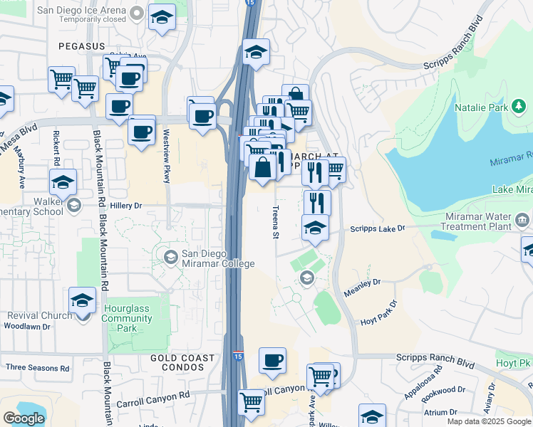 map of restaurants, bars, coffee shops, grocery stores, and more near 10680 Treena Street in San Diego