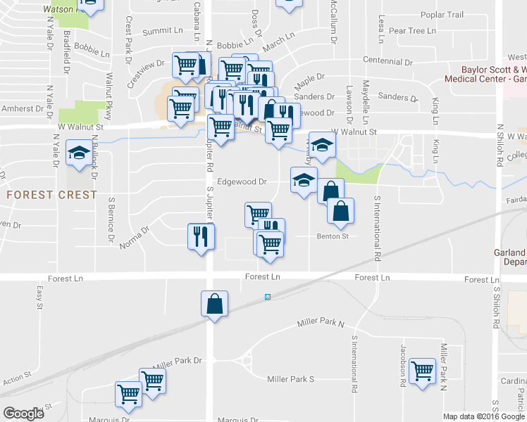 map of restaurants, bars, coffee shops, grocery stores, and more near 201 South Barnes Drive in Garland
