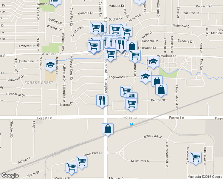 map of restaurants, bars, coffee shops, grocery stores, and more near 200 South Jupiter Road in Garland