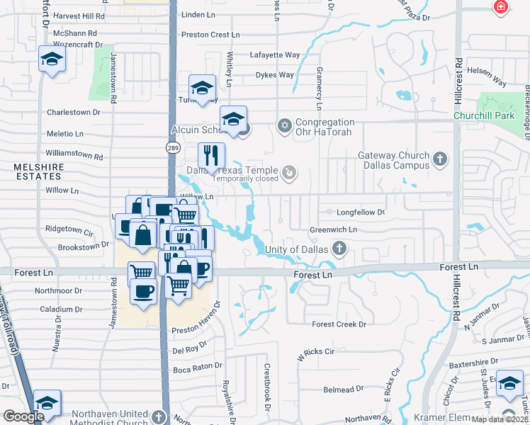 map of restaurants, bars, coffee shops, grocery stores, and more near 6234 Willowgate in Dallas