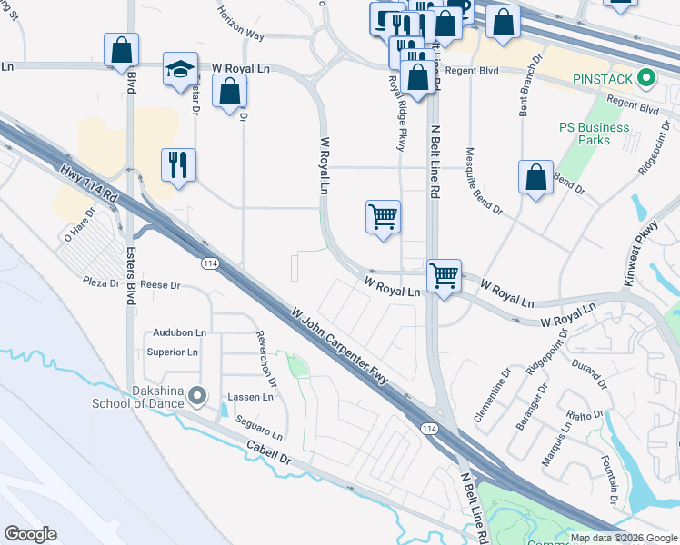 map of restaurants, bars, coffee shops, grocery stores, and more near in Irving