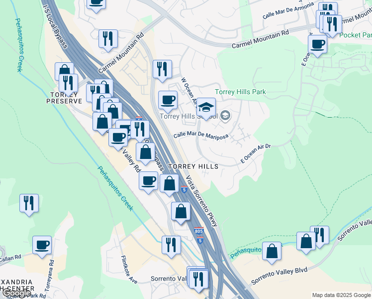 map of restaurants, bars, coffee shops, grocery stores, and more near 10615 Calle Mar De Mariposa in San Diego