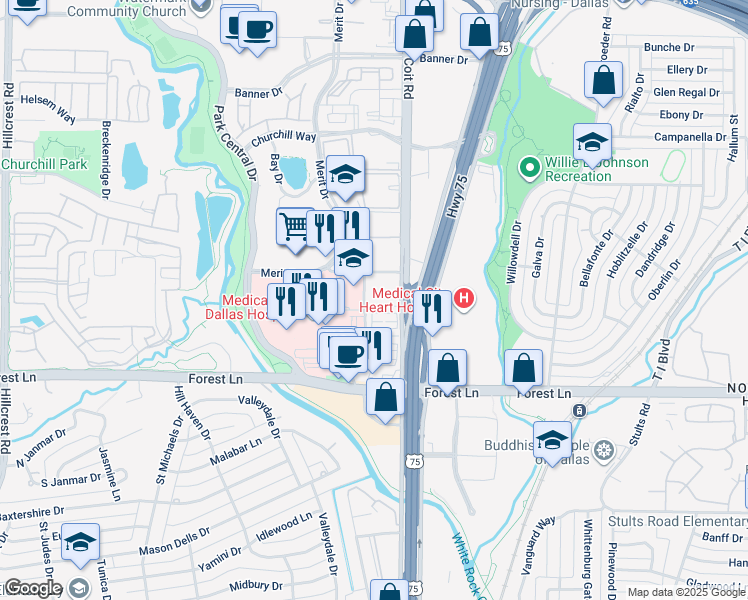 map of restaurants, bars, coffee shops, grocery stores, and more near 12009 Coit Road in Dallas