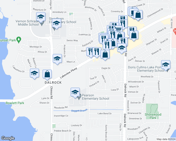 map of restaurants, bars, coffee shops, grocery stores, and more near 5713 Highgate Lane in Rowlett