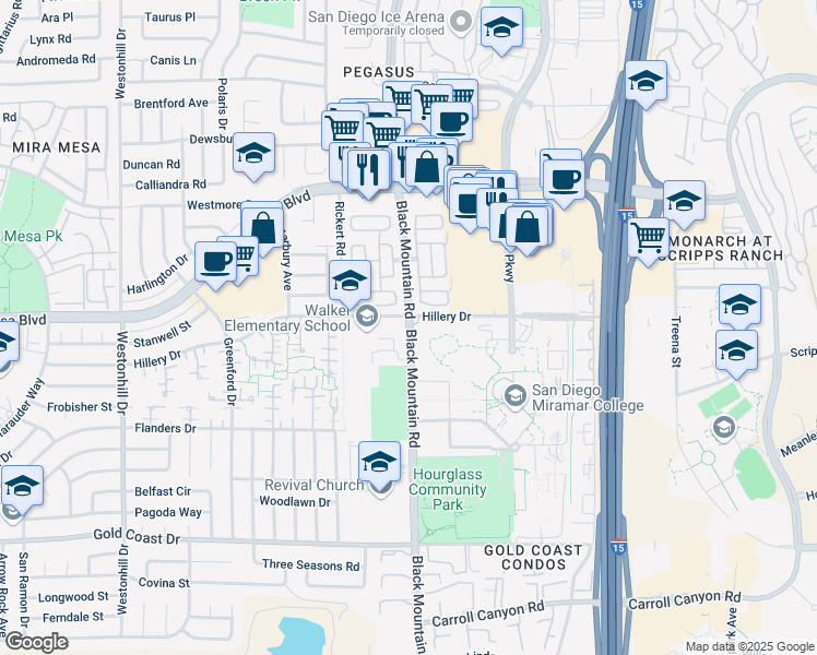 map of restaurants, bars, coffee shops, grocery stores, and more near 10620 Black Mountain Road in San Diego