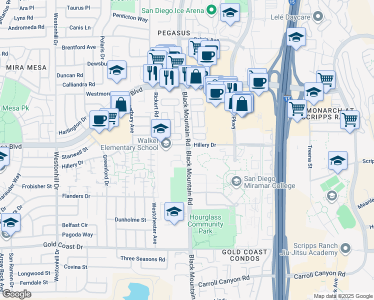map of restaurants, bars, coffee shops, grocery stores, and more near 10620 Black Mountain Road in San Diego