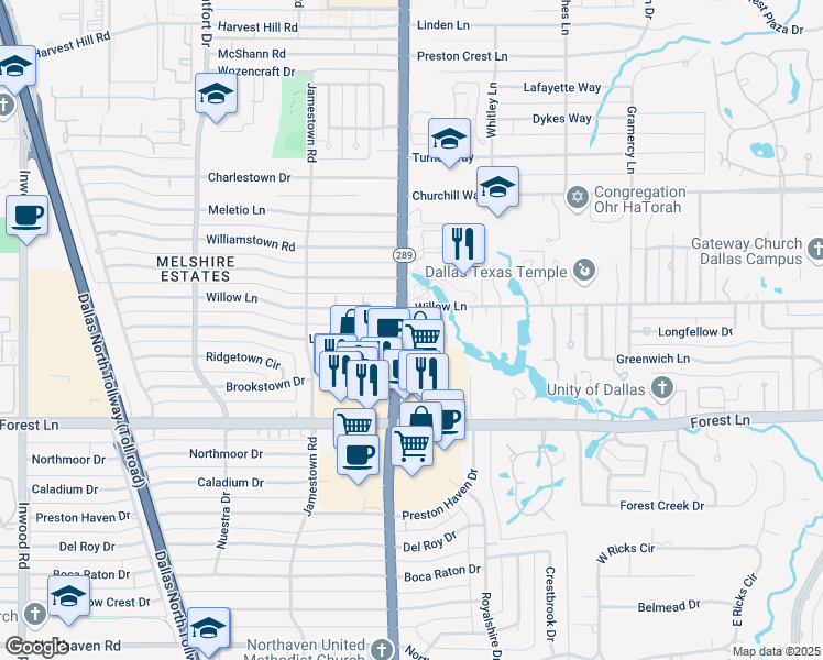 map of restaurants, bars, coffee shops, grocery stores, and more near 5972 Willow Lane in Dallas