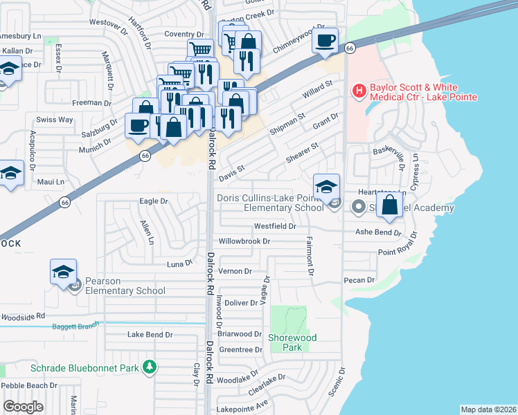 map of restaurants, bars, coffee shops, grocery stores, and more near 8905 Linda Vista Drive in Rowlett