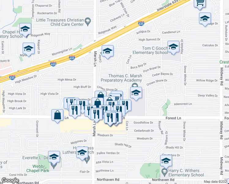 map of restaurants, bars, coffee shops, grocery stores, and more near 3755 Crown Shore Drive in Dallas